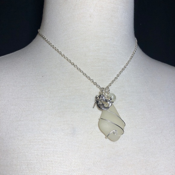 Mermaid Charm Faux Sea Glass Necklace Earrings Set - Picture 2 of 3